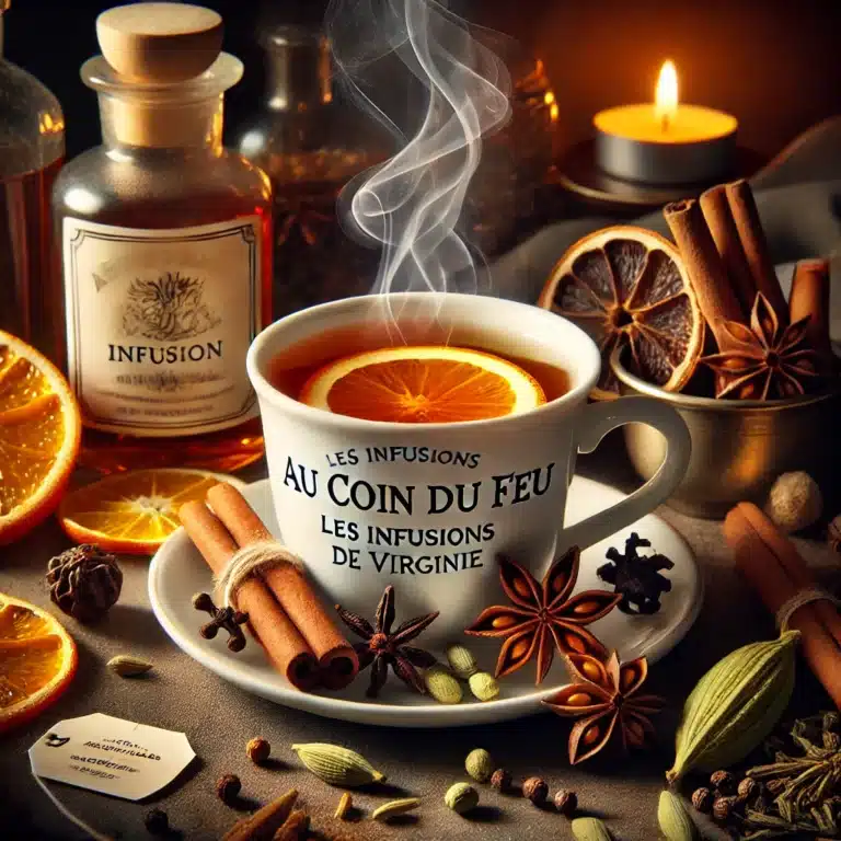 Image montrant une tasse fumante d'infusion AU COIN DU FEU de "Les Infusions de Virginie", entourée de ses ingrédients : écorces d'orange, réglisse, bâtons de cannelle, graines de fenouil, baies de genévrier, clous de girofle et gousses de cardamome verte. La scène évoque chaleur et confort, parfaite pour un moment de détente hivernal.
