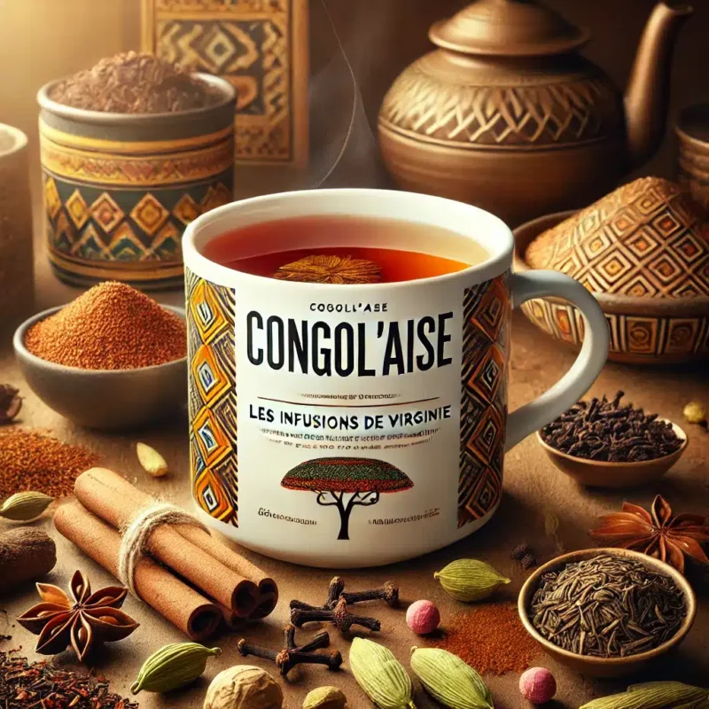 Image montrant une tasse fumante d'infusion CONGOL'AISE de "Les Infusions de Virginie", entourée de ses ingrédients : rooibos, bâtons de cannelle, clous de girofle, gousses de cardamome verte, graines de cardamome et grains de poivre rose. La scène évoque la chaleur et la culture africaine, parfaite pour un moment de détente exotique.