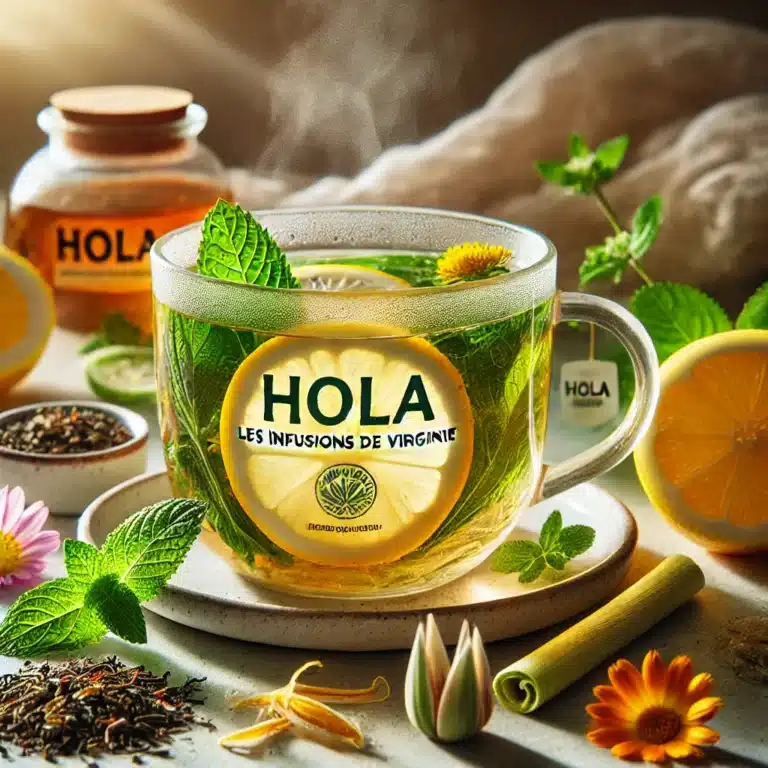 Image montrant une tasse fumante d'infusion HOLA de "Les Infusions de Virginie", entourée de ses ingrédients : feuilles de thé vert, écorces de citron, feuilles de menthe fraîche, citronnelle et pétales de calendula. La scène évoque la fraîcheur et la revitalisation, parfaite pour un moment de détente ensoleillé.