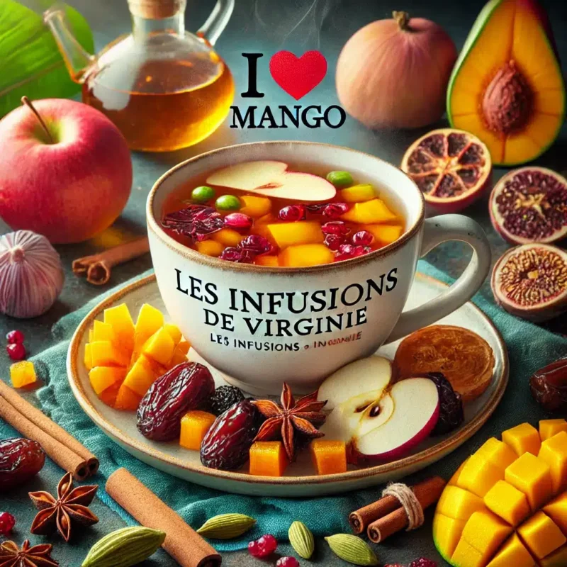 Tasse d'infusion I LOVE MANGO entourée de ses ingrédients : hibiscus, tranches de pomme, raisins secs, corinthes, morceaux de mangue, dattes, figues, écorces d'orange, badiane, bâtons de cannelle, gousses de cardamome verte et clous de girofle, créant une ambiance tropicale et relaxante.