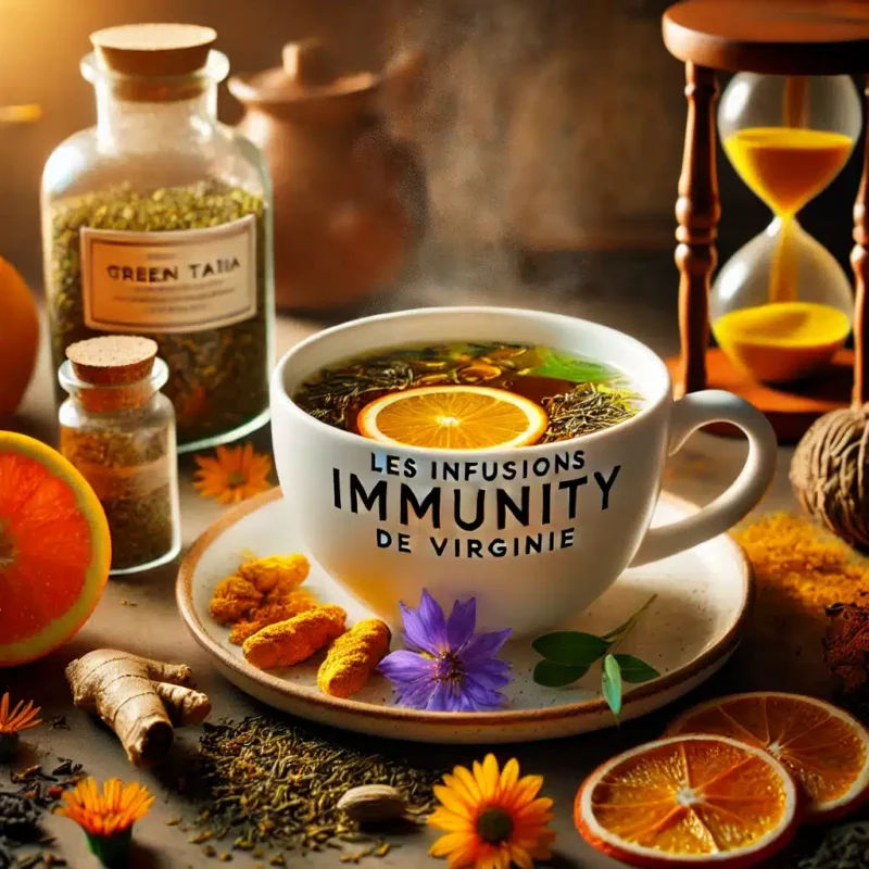 Image montrant une tasse fumante d'infusion IMMUNITY de "Les Infusions de Virginie", entourée de ses ingrédients : feuilles de thé vert, racine de curcuma, écorces d'orange, tranches d'orange et pétales de calendula. La scène évoque la chaleur et le réconfort d'une boisson idéale pour renforcer les défenses immunitaires