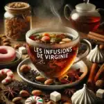 Image montrant une tasse fumante d'infusion de "Les Infusions de Virginie", entourée de ses ingrédients : feuilles de thé noir, rooibos, amandes hachées torréfiées, bonbons, grains de café, écorces de cacao et morceaux de meringue. La scène évoque la chaleur et le réconfort d'une boisson gourmande idéale pour la détente.