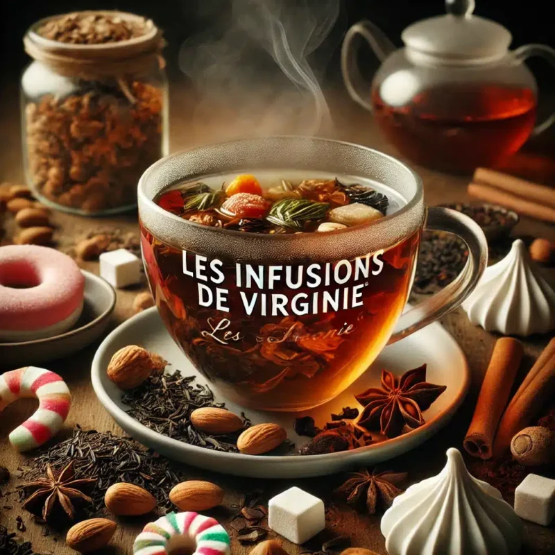 Image montrant une tasse fumante d'infusion de "Les Infusions de Virginie", entourée de ses ingrédients : feuilles de thé noir, rooibos, amandes hachées torréfiées, bonbons, grains de café, écorces de cacao et morceaux de meringue. La scène évoque la chaleur et le réconfort d'une boisson gourmande idéale pour la détente.