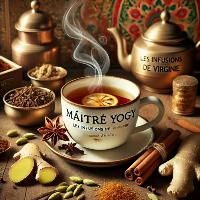 Image d'une tasse fumante d'infusion MAÎTRE YOGY de "Les Infusions de Virginie", entourée de bâtons de cannelle, tranches de gingembre frais, graines de cardamome et clous de girofle.