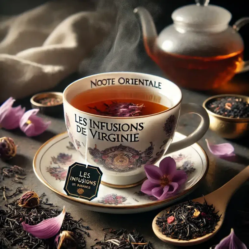 Image montrant une tasse fumante d'infusion NOTE ORIENTALE de "Les Infusions de Virginie", entourée de ses ingrédients : feuilles de thé noir et pétales de mauve. La scène évoque l'élégance et le confort oriental, parfaite pour un moment de détente raffiné.